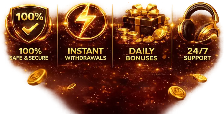 100% safe and secure, instant withdrawals, daily bonuses, 24/7 support